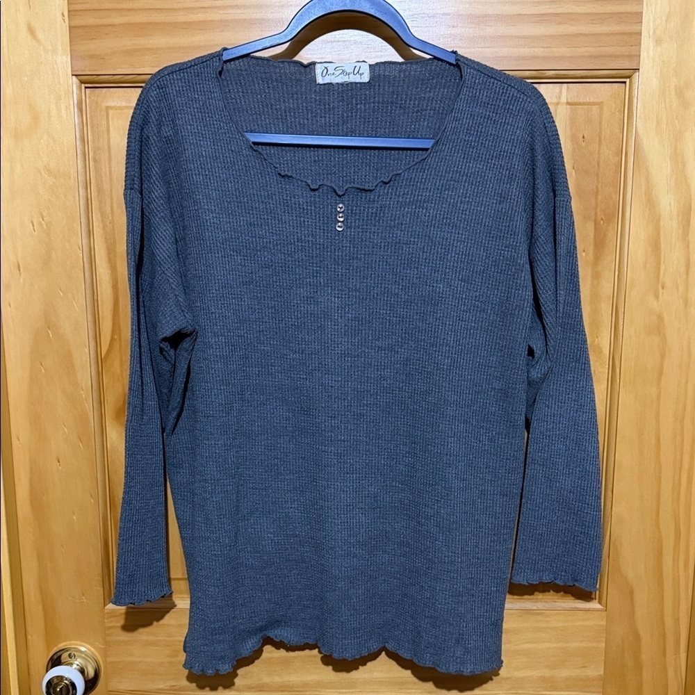 One Step Up Gray Long Sleeve Thermal Waffle Knit Henley Top, Lettuce Edge Trim